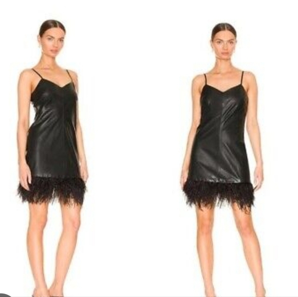 NWT LAMARQUE Black Vegan Leather Feather Trim Mini‎ Dress - Picture 1 of 3